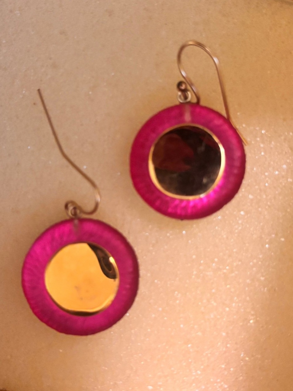 Alexis Bittar stamped Fuchsia Disc Drop Earrings with Gold Centers.